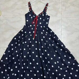 Zimmermann Navy Polka Dot Maxi Dress with White Dots and Red Trim